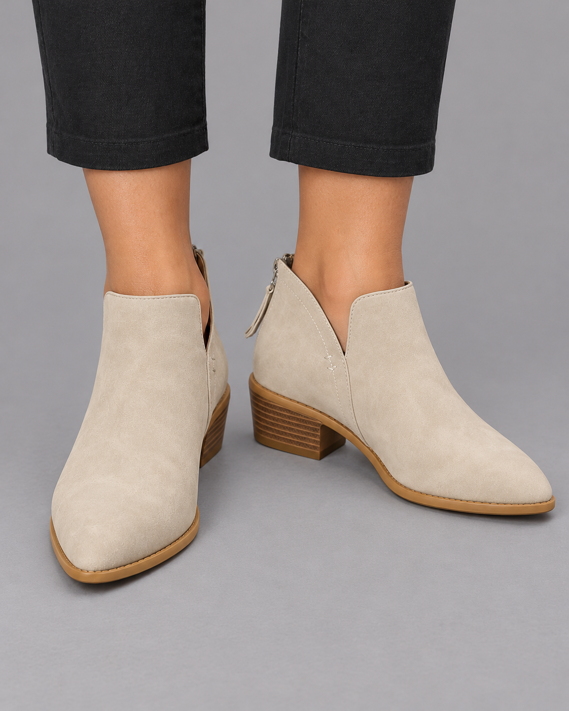 Women's Pointed Toe Ankle Boots - Low Block Heel Back Zip Stitched - Beige - front view