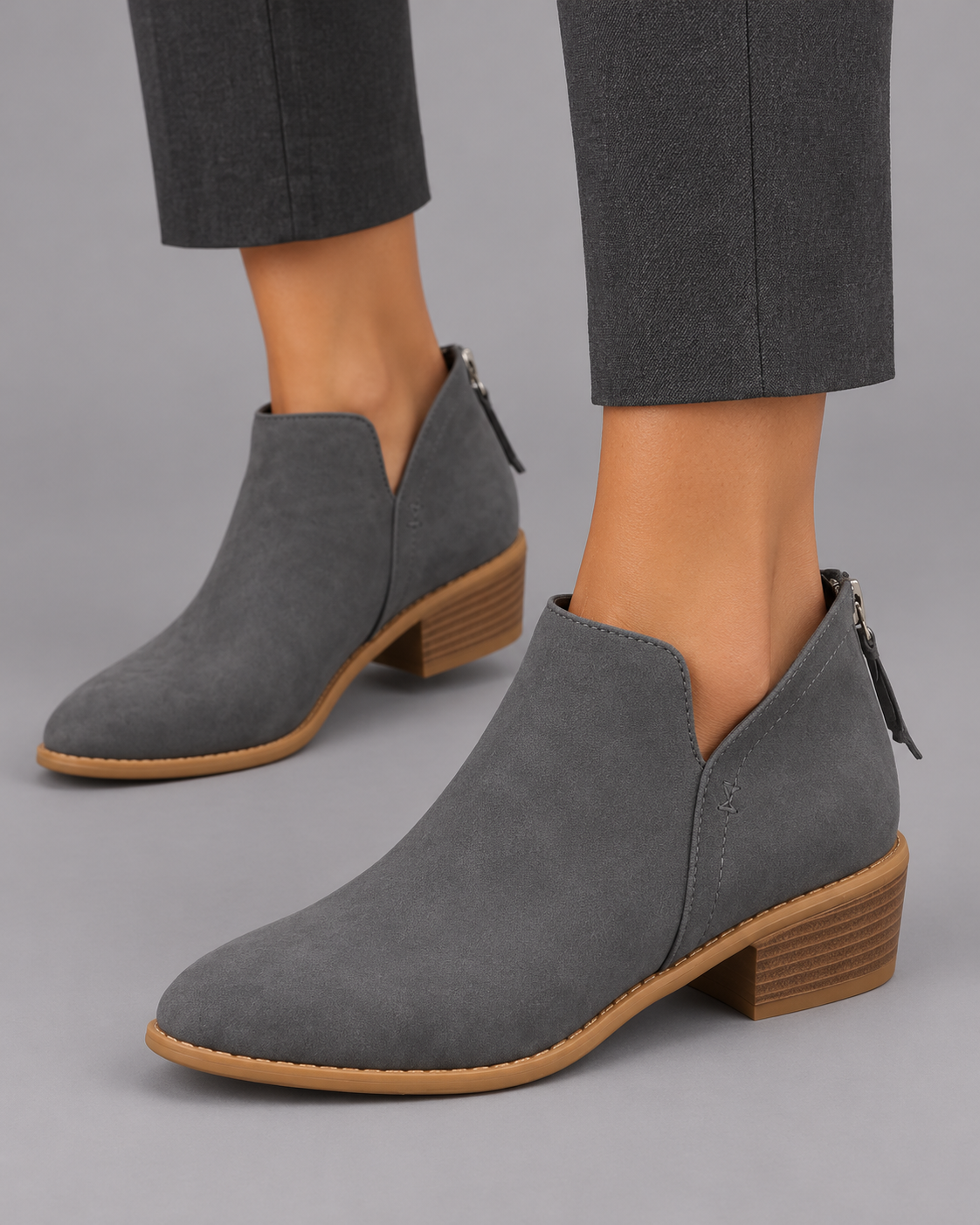 Women's Pointed Toe Ankle Boots - Low Block Heel Back Zip Stitched - Grey - front view