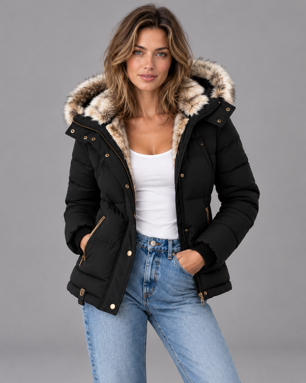 Women's Puffer Jacket - Faux Fur Hood Quilted Double Zip Winter Coat - Black - front view