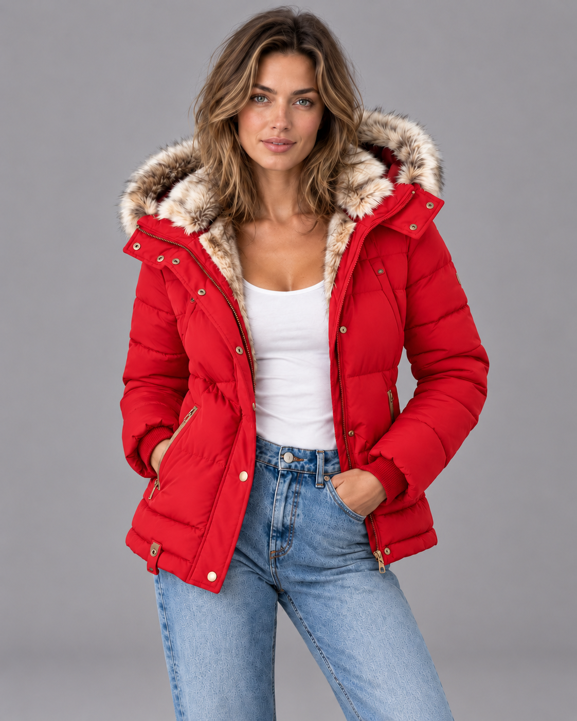 Women's Puffer Jacket - Faux Fur Hood Quilted Double Zip Winter Coat - Red - colour view