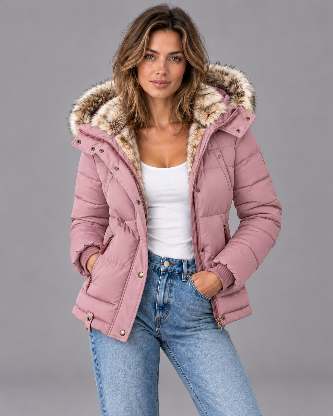 Women's Puffer Jacket - Faux Fur Hood Quilted Double Zip Winter Coat - Pink - colour view