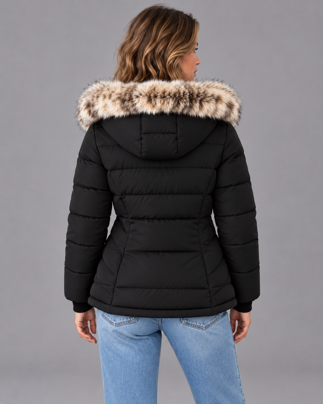 Women's Puffer Jacket - Faux Fur Hood Quilted Double Zip Winter Coat - Black - back view
