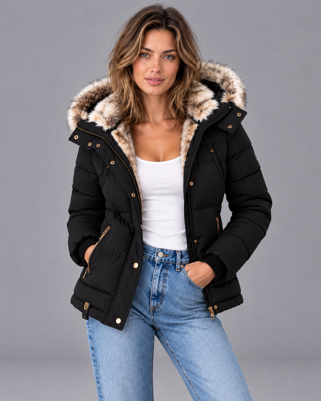 Women's Puffer Jacket - Faux Fur Hood Quilted Double Zip Winter Coat - Black - three-quarter view