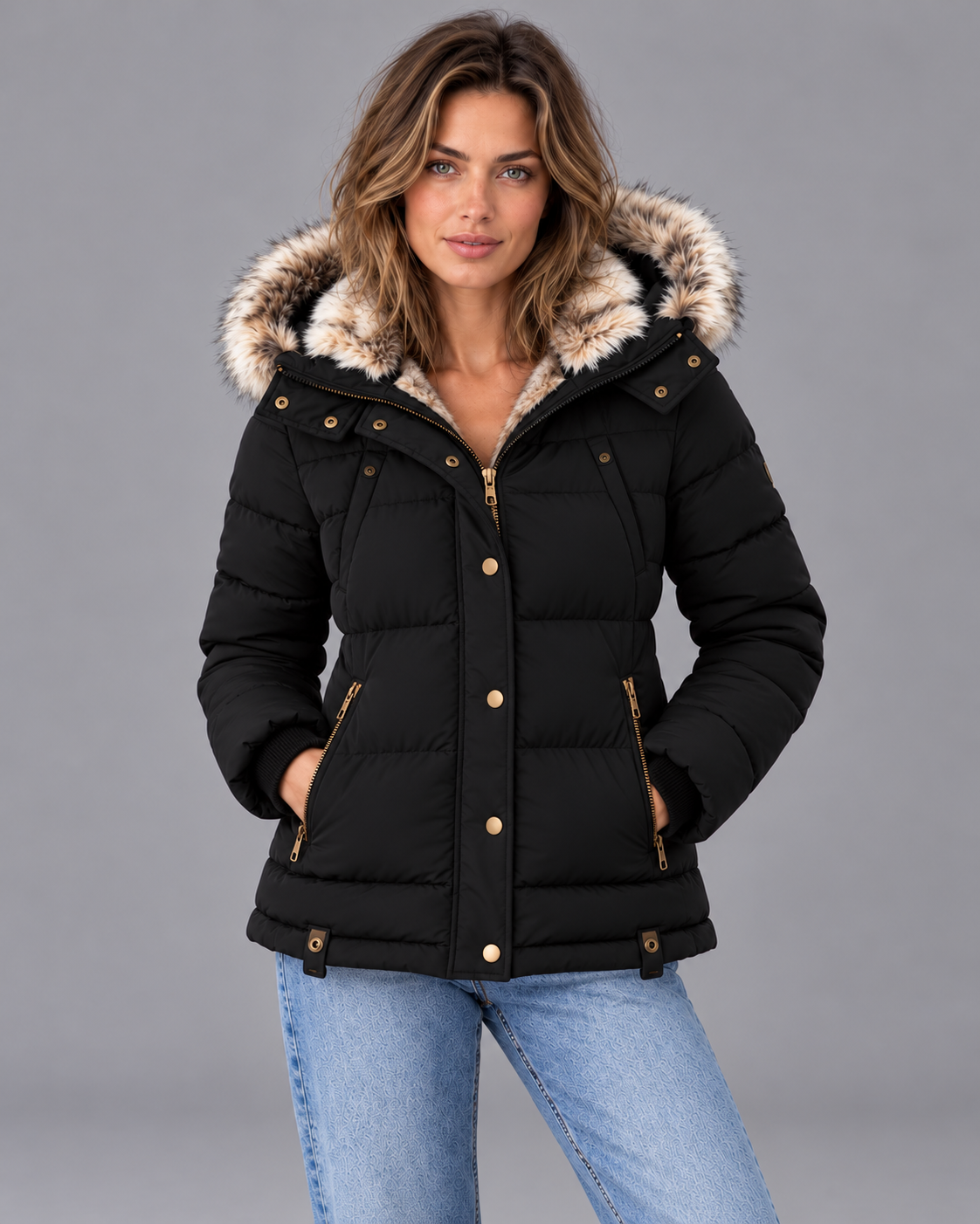 Women's Puffer Jacket - Faux Fur Hood Quilted Double Zip Winter Coat - Black - front close-up