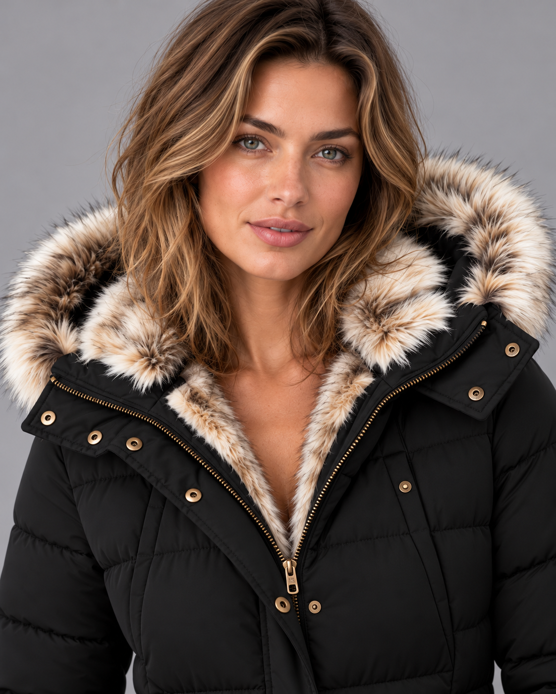 Women's Puffer Jacket - Faux Fur Hood Quilted Double Zip Winter Coat - Black - hood detail