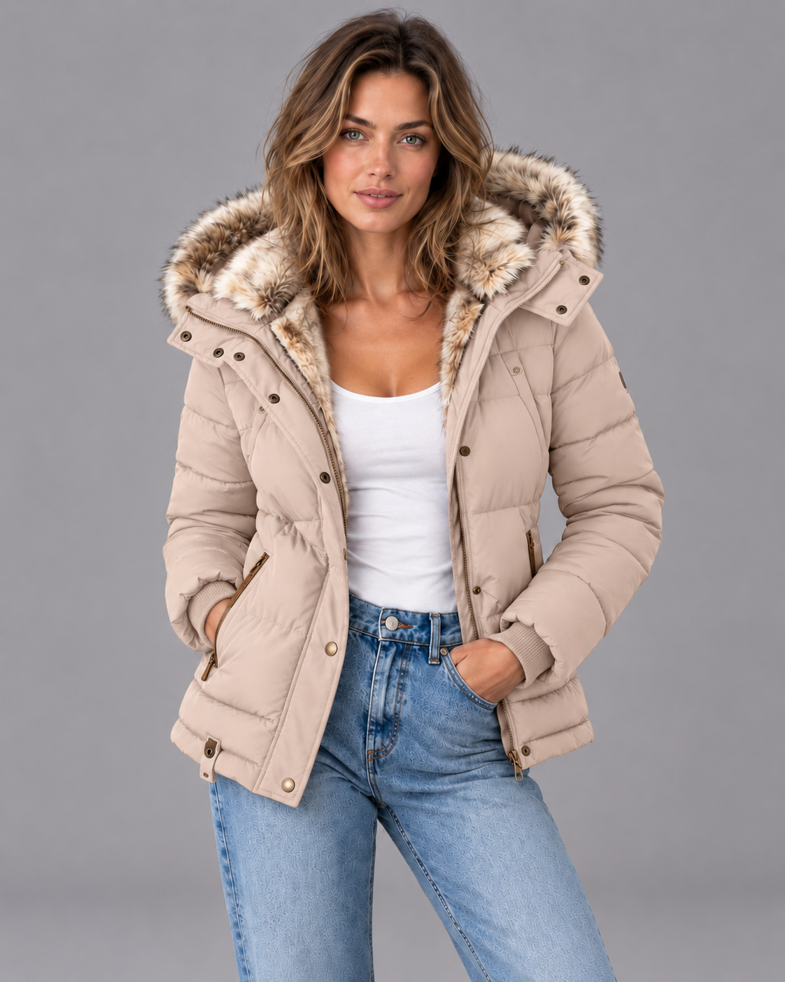 Women's Puffer Jacket - Faux Fur Hood Quilted Double Zip Winter Coat - Beige - colour view