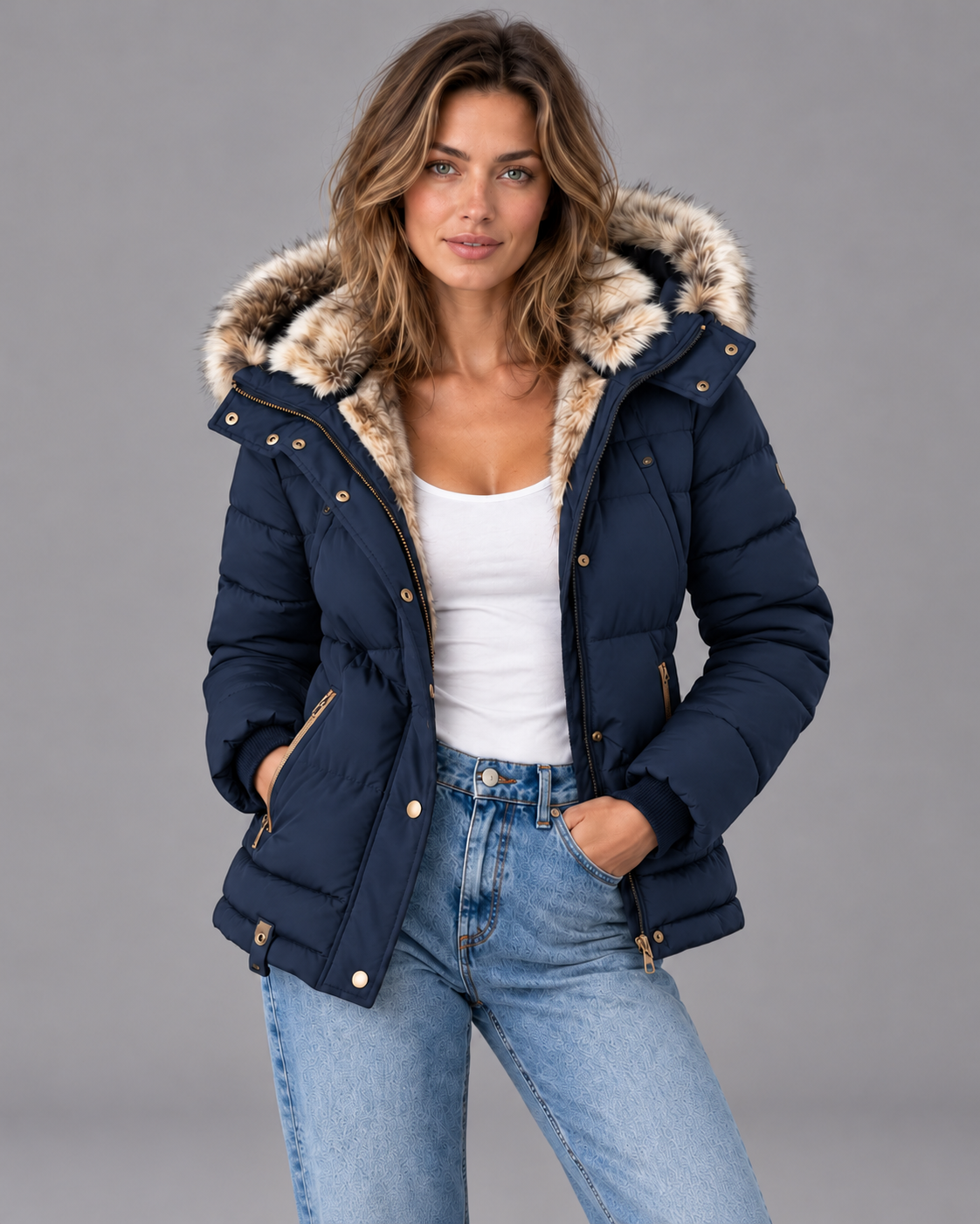 Women's Puffer Jacket - Faux Fur Hood Quilted Double Zip Winter Coat - Blue - colour view