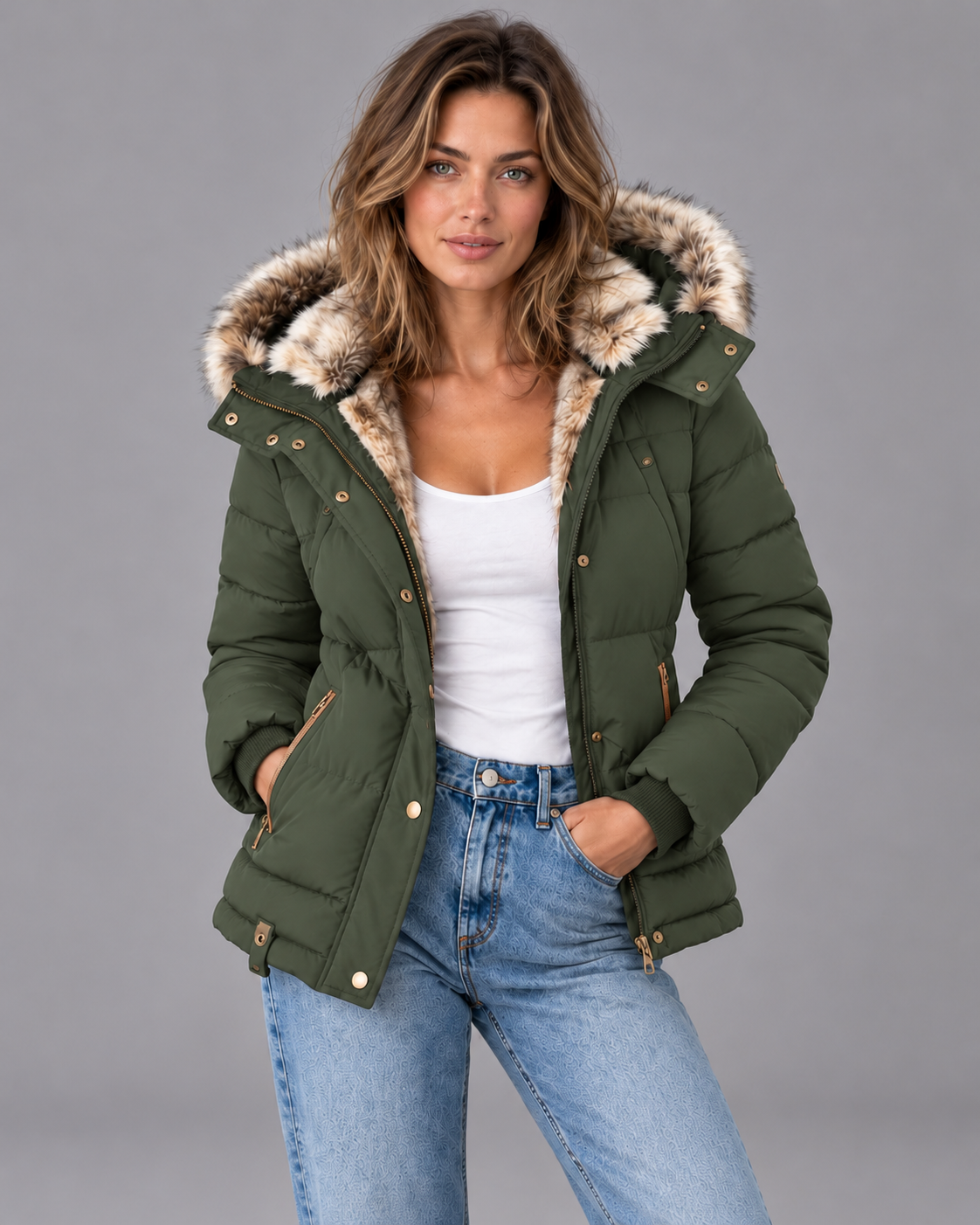 Women's Puffer Jacket - Faux Fur Hood Quilted Double Zip Winter Coat - Green - colour view