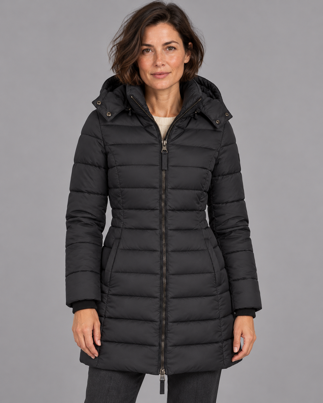 Women's Puffer Jacket - Hooded Down Filled Lightweight Zip Winter Coat - Black - front view