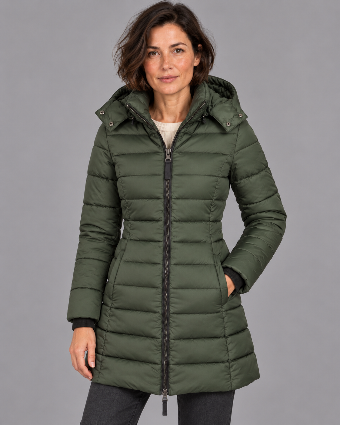 Women's Puffer Jacket - Hooded Down Filled Lightweight Zip Winter Coat - Green - front view