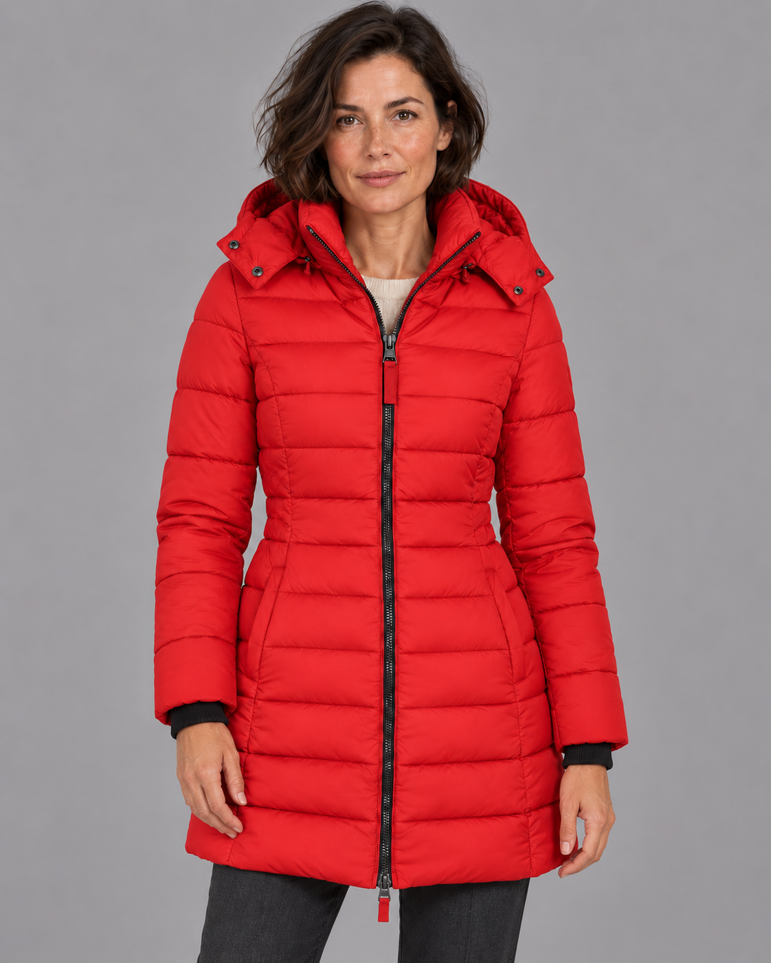 Women's Puffer Jacket - Hooded Down Filled Lightweight Zip Winter Coat - Red - front view
