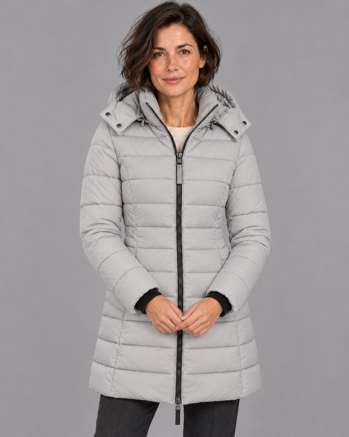 Women's Puffer Jacket - Hooded Down Filled Lightweight Zip Winter Coat - Grey - front view