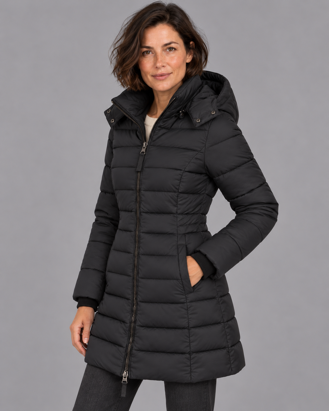 Women's Puffer Jacket - Hooded Down Filled Lightweight Zip Winter Coat - Black - three-quarter view