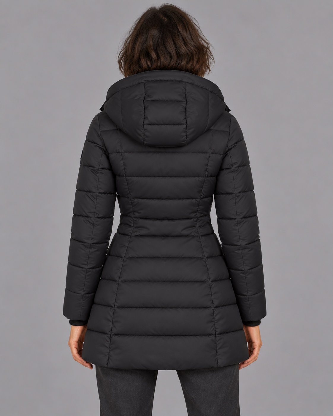 Women's Puffer Jacket - Hooded Down Filled Lightweight Zip Winter Coat - Black - back view