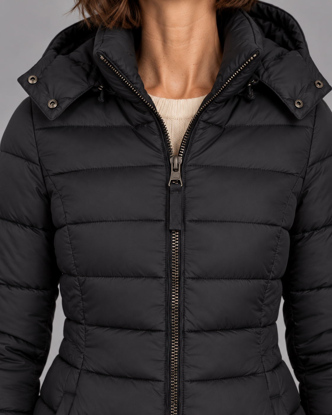 Women's Puffer Jacket - Hooded Down Filled Lightweight Zip Winter Coat - Black - front close-up