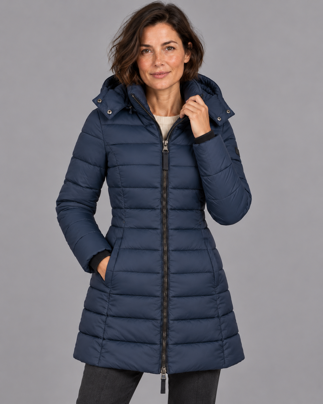 Women's Puffer Jacket - Hooded Down Filled Lightweight Zip Winter Coat - Navy - front view