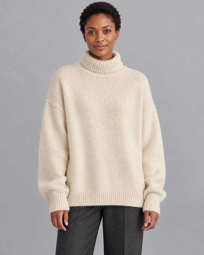 Women's Roll Neck Jumper - Oversized Soft Knit Drop Shoulder Pullover - Cream - front view