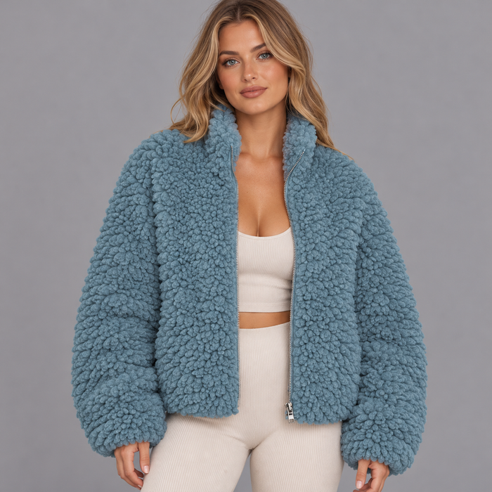 Women's Sherpa Jacket - Oversized Fluffy Fleece Lightweight Winter - Aqua - front view