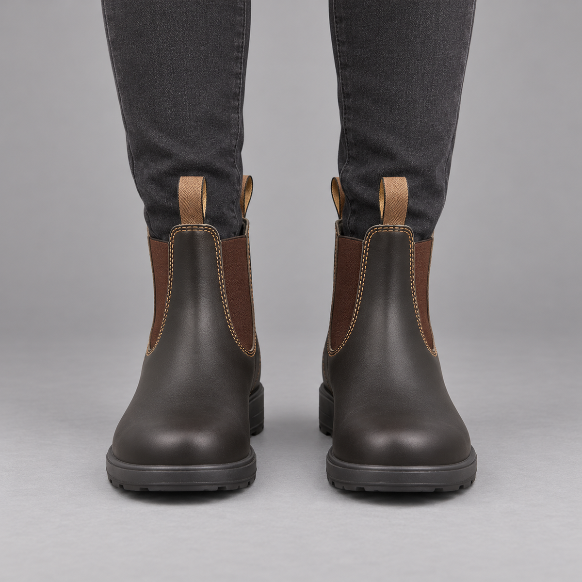 Women's Slip On Boots - Lined Ankle Boots Easy Pull On Everyday Wear - Dark Brown - front on model