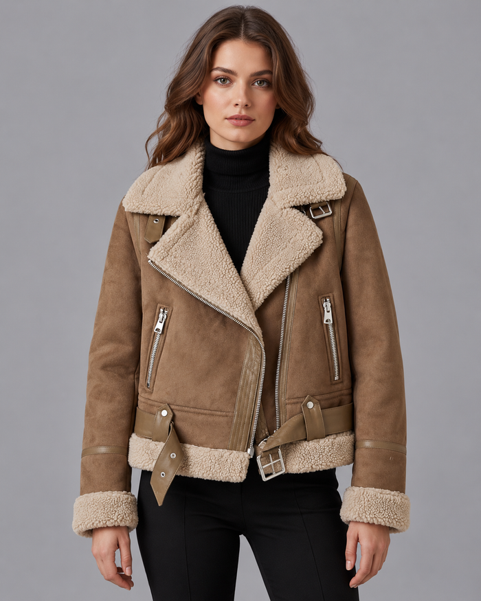 Women's Suede Biker Jacket - Lapel Collar Warm Lined Moto Coat - Khaki - front view