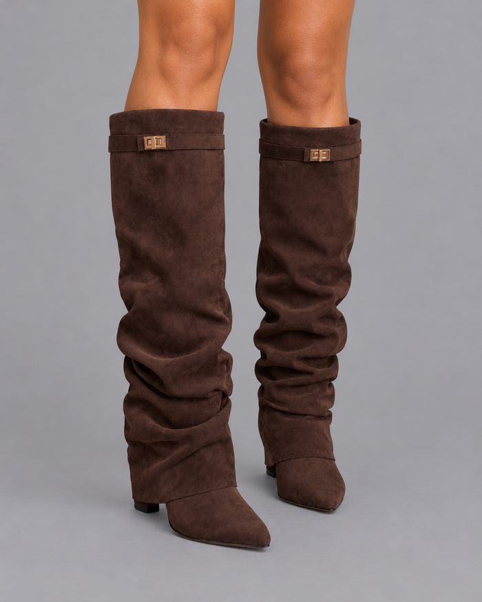 Women's Suede Boots - Slouchy Knee High Fold Over Buckle Detail - Dark Brown - front view