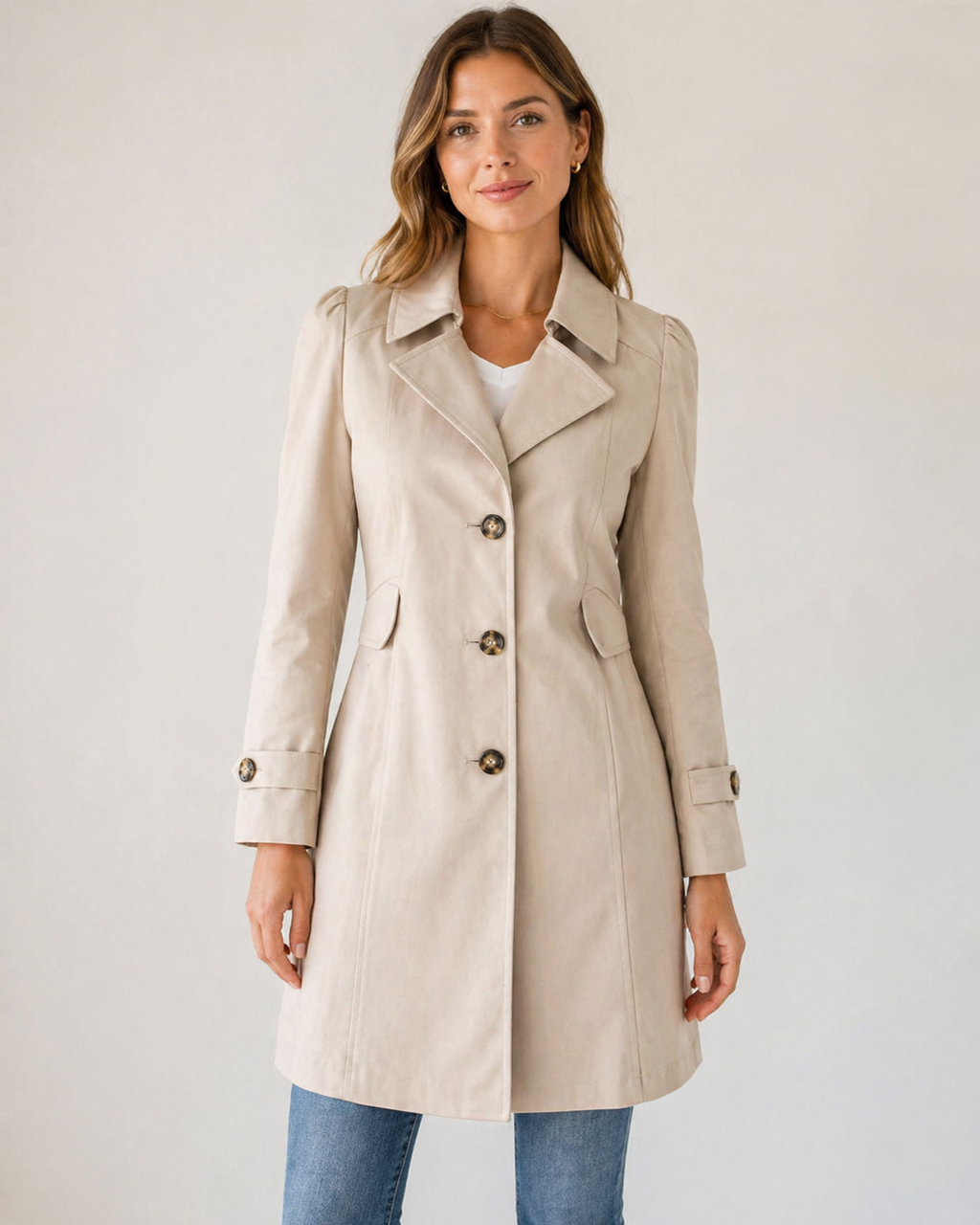 Women's Tailored Trench Coat Short Buttoned Fit - front view