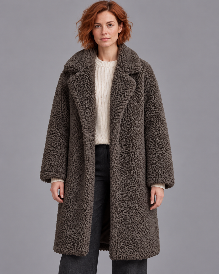 Women's Teddy Coat - Oversized Fleece Lined Collar Side Pockets - Dark Grey - front view