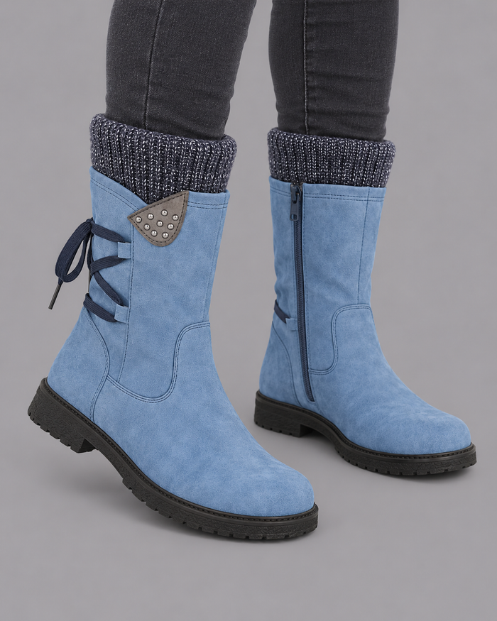 Women's Wide Calf Boots - Mid Calf Warm Lined Water Resistant Zip - Blue - three-quarter view