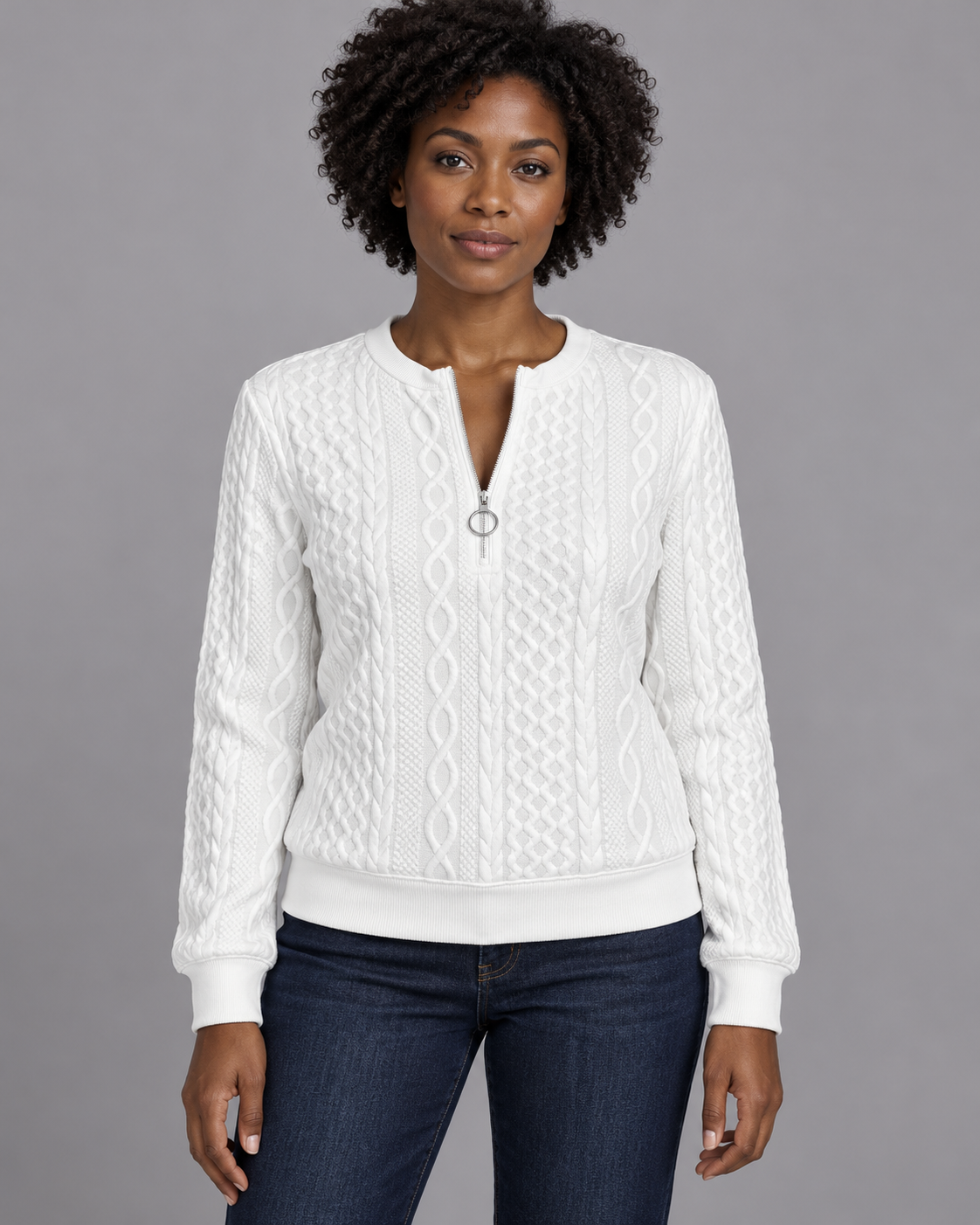 Women's Zip Jumper - Soft Touch Warm Everyday Layering Pullover - White - front view