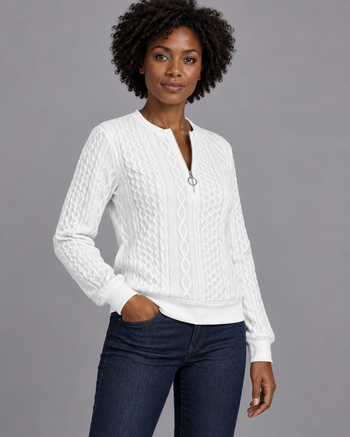 Women's Zip Jumper - Soft Touch Warm Everyday Layering Pullover - White - three-quarter view