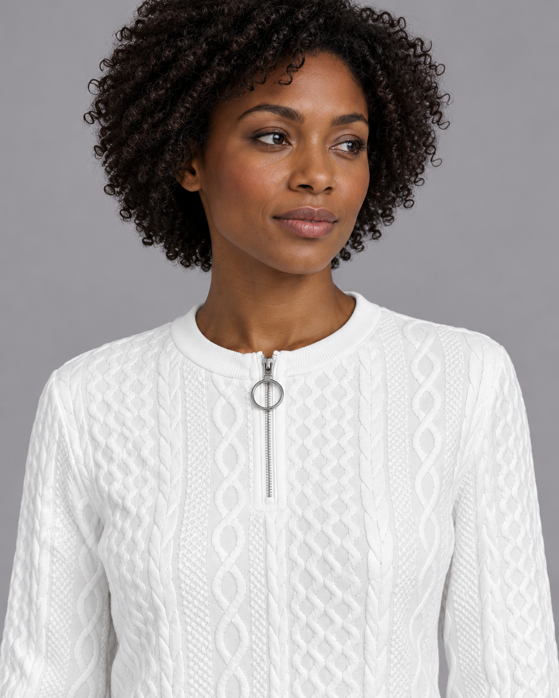 Women's Zip Jumper - Soft Touch Warm Everyday Layering Pullover - White - front close-up