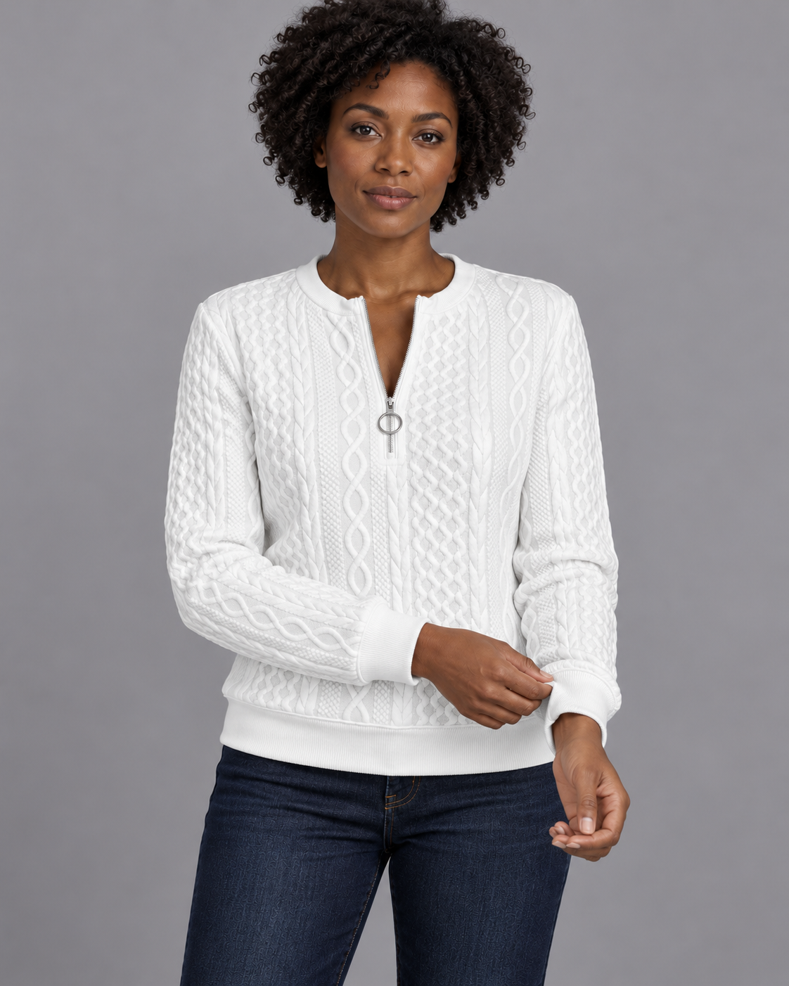 Women's Zip Jumper - Soft Touch Warm Everyday Layering Pullover - White - styling shot