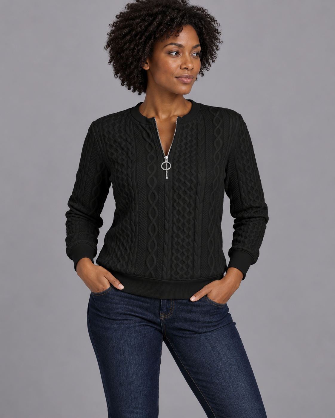 Women's Zip Jumper - Soft Touch Warm Everyday Layering Pullover - Black - front view