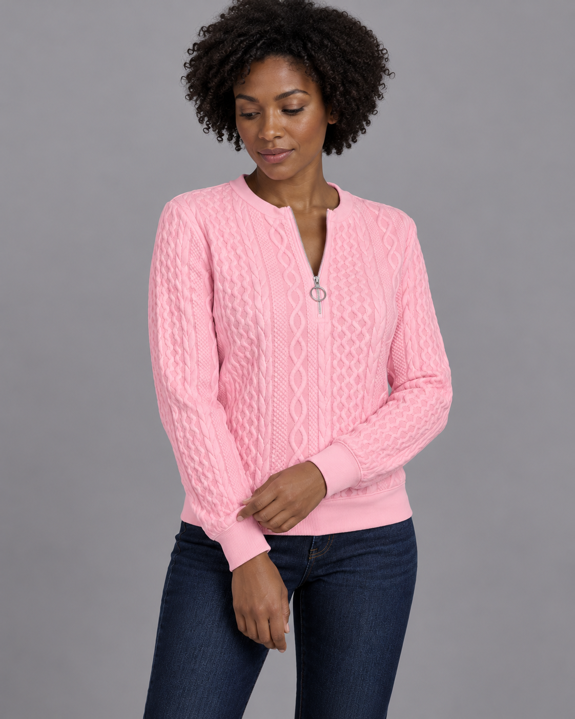 Women's Zip Jumper - Soft Touch Warm Everyday Layering Pullover - Pink - front view