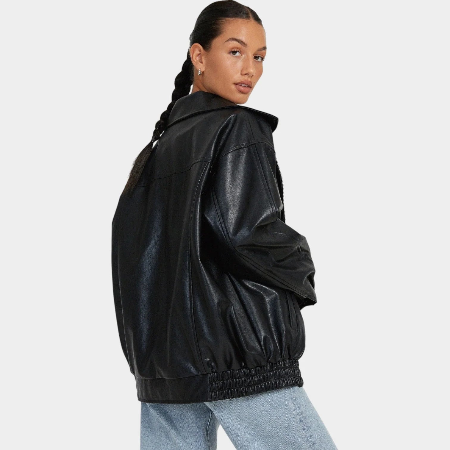 Women's Oversized Faux Leather Zip-Up Bomber Jacket