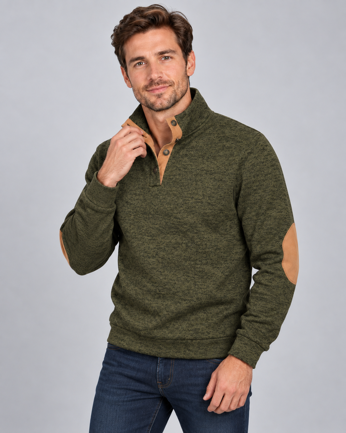 Men's Knitted Jumper - Button Stand Collar Elbow Patch Marl Knit