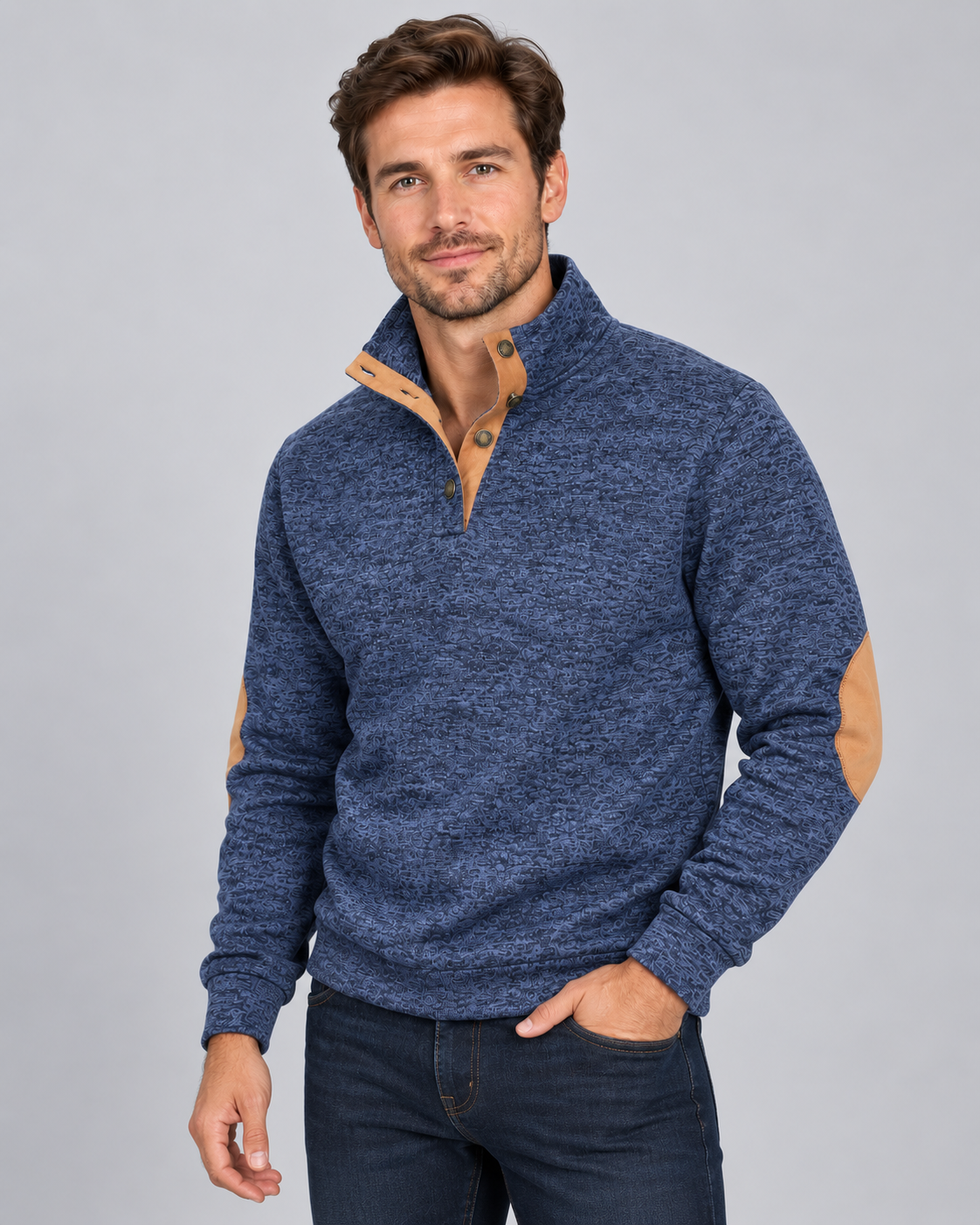 Men's Knitted Jumper - Button Stand Collar Elbow Patch Marl Knit