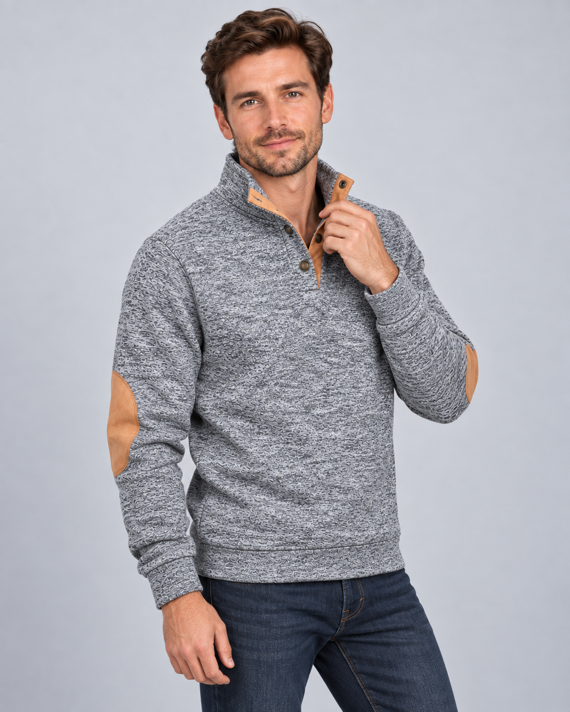 Men's Knitted Jumper - Button Stand Collar Elbow Patch Marl Knit