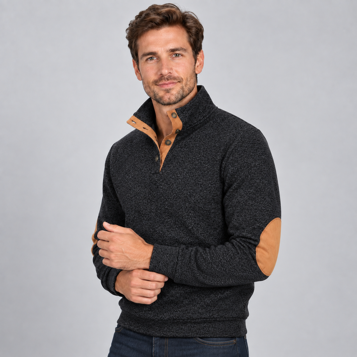 Men's Knitted Jumper - Button Stand Collar Elbow Patch Marl Knit