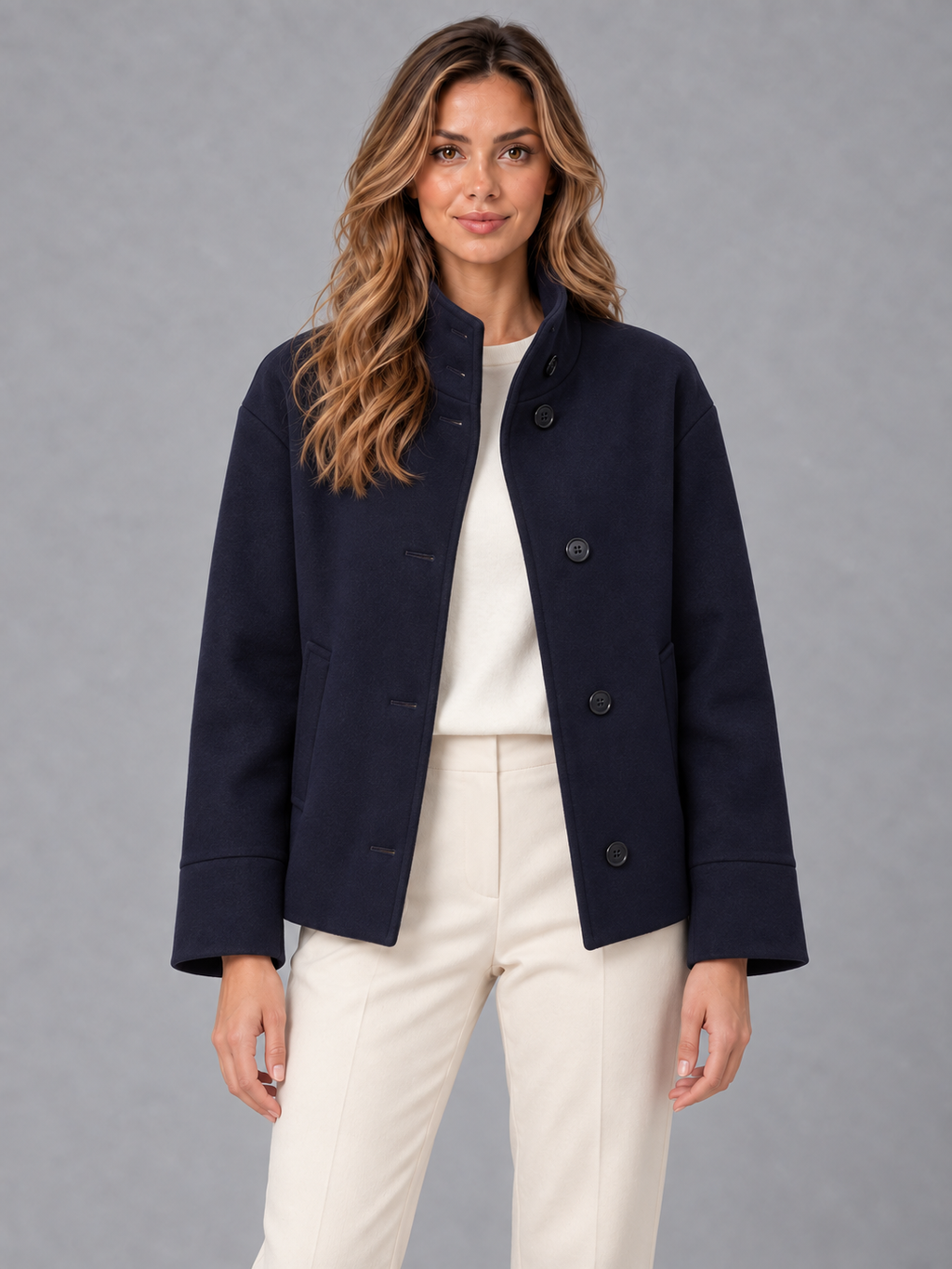 Women's cropped winter coat in navy 4
