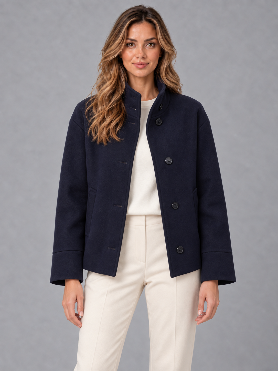 Women's cropped winter coat in navy 4