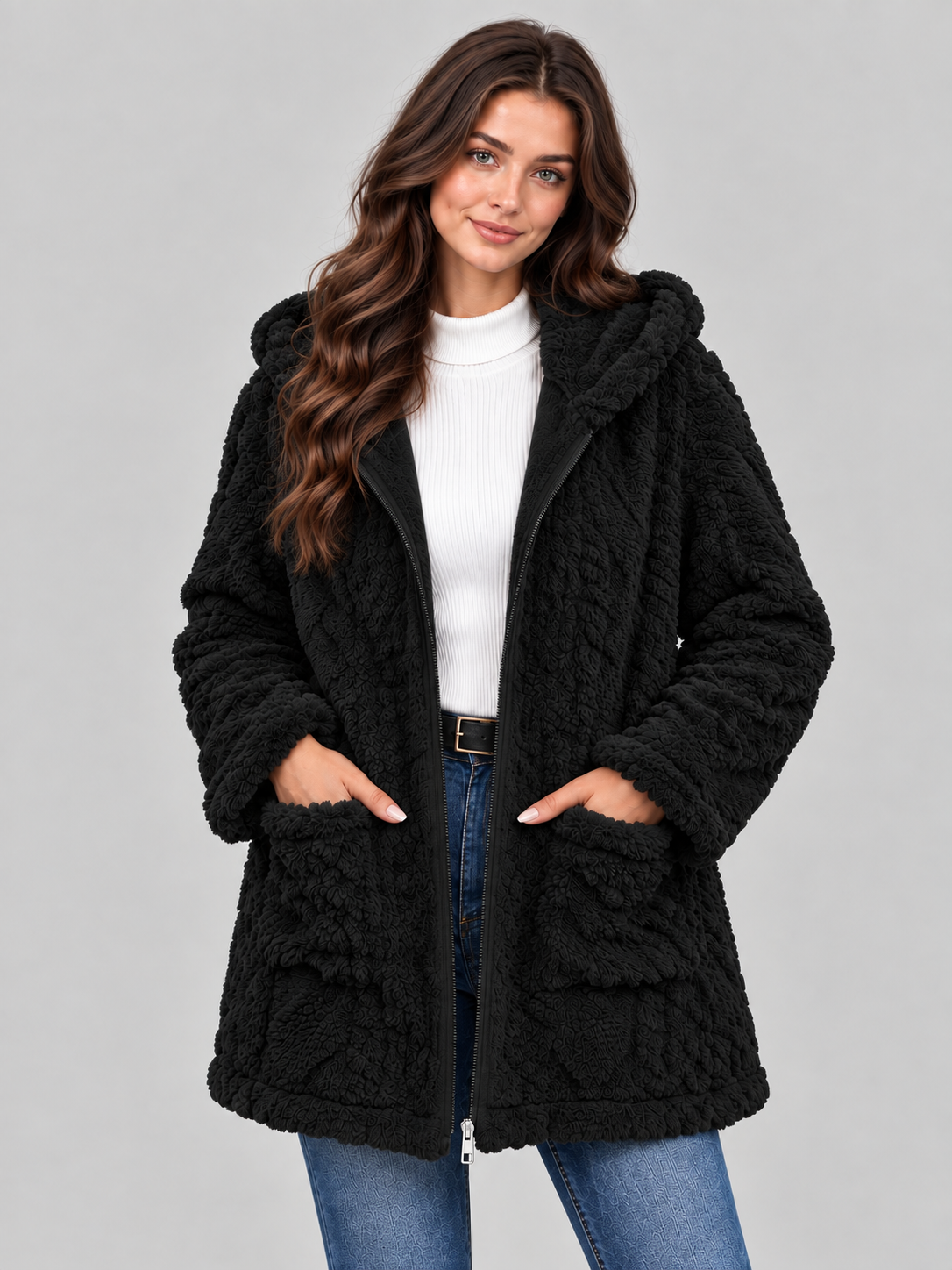 Women's hooded teddy fleece jacket 1