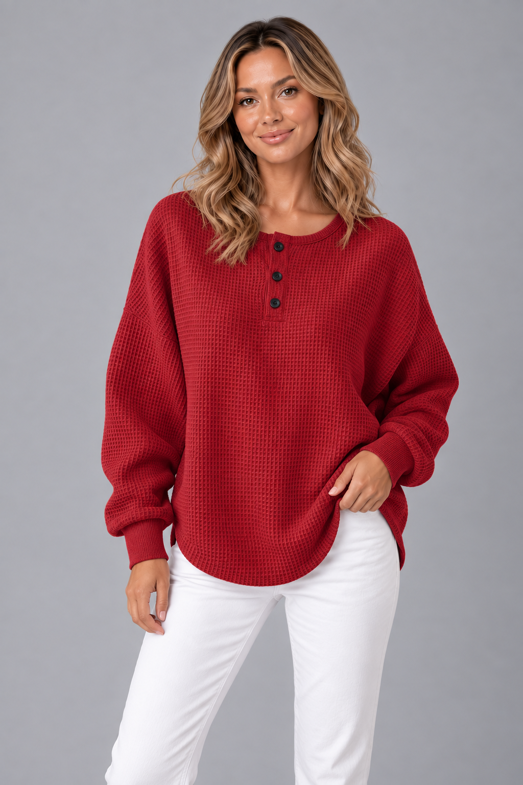 Women's Knitted Jumper - Waffle Knit Henley Neck Relaxed Fit