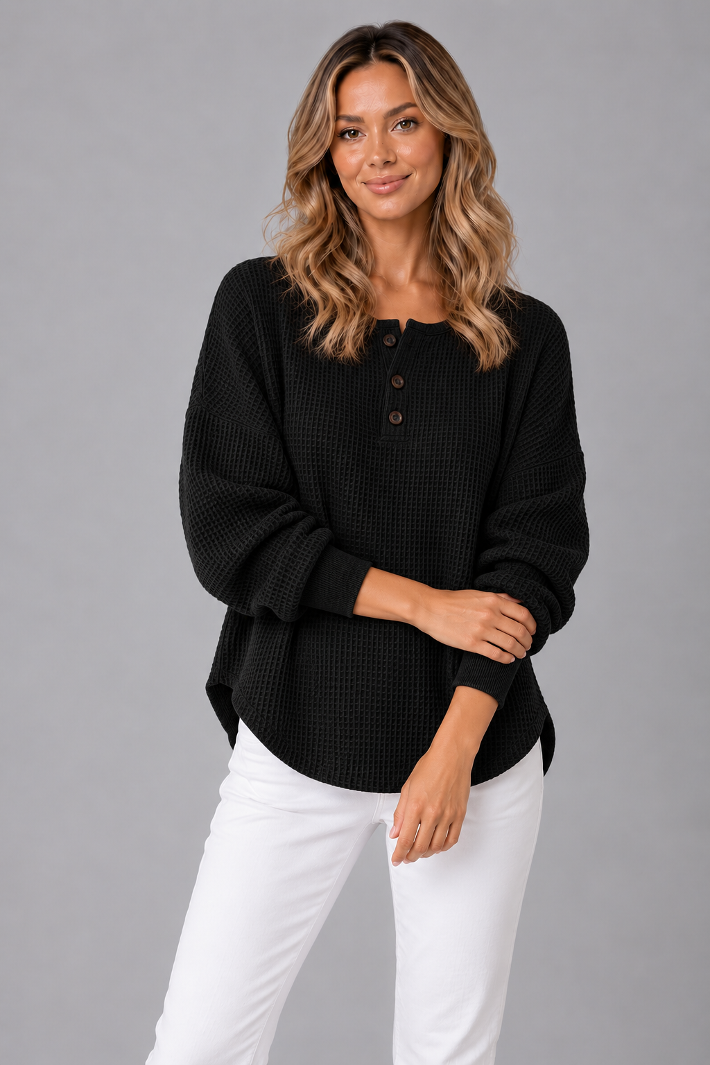 Women's Knitted Jumper - Waffle Knit Henley Neck Relaxed Fit
