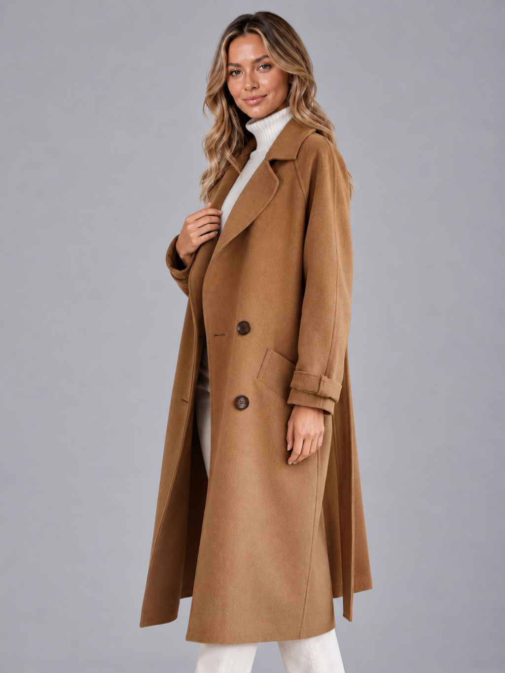 Women's Long Coat - Double Breasted Belted Tailored Overcoat