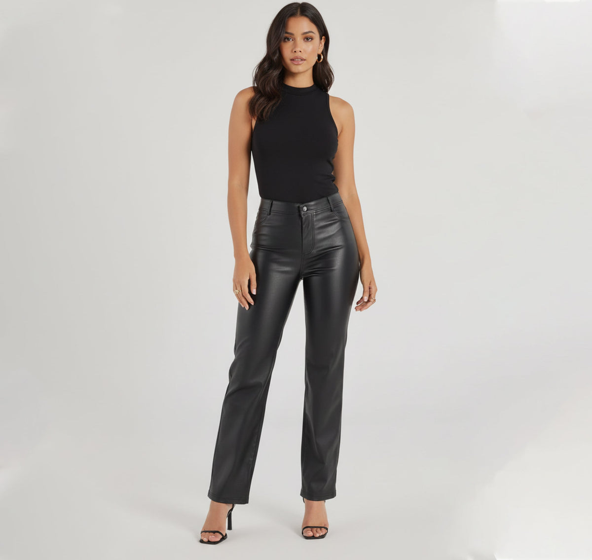 Women's Black Faux Leather Pants High Rise Slim Fit