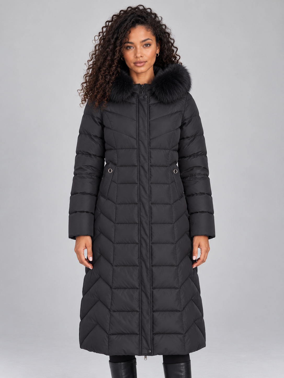 Women's Longline Puffer Coat - Chevron Quilted Faux Fur Hood