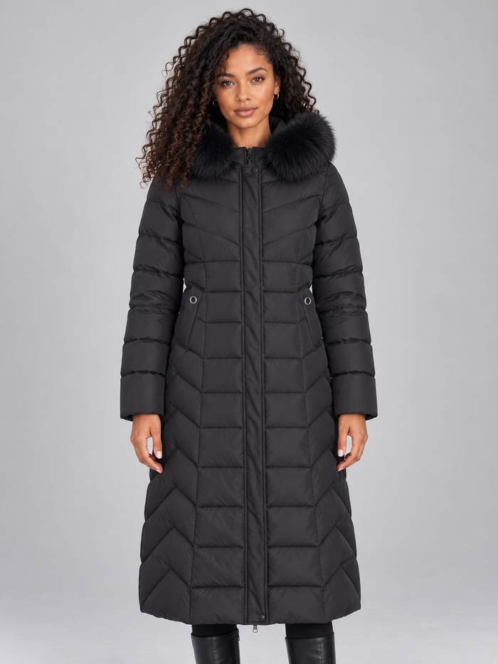 Women's Longline Puffer Coat - Chevron Quilted Faux Fur Hood