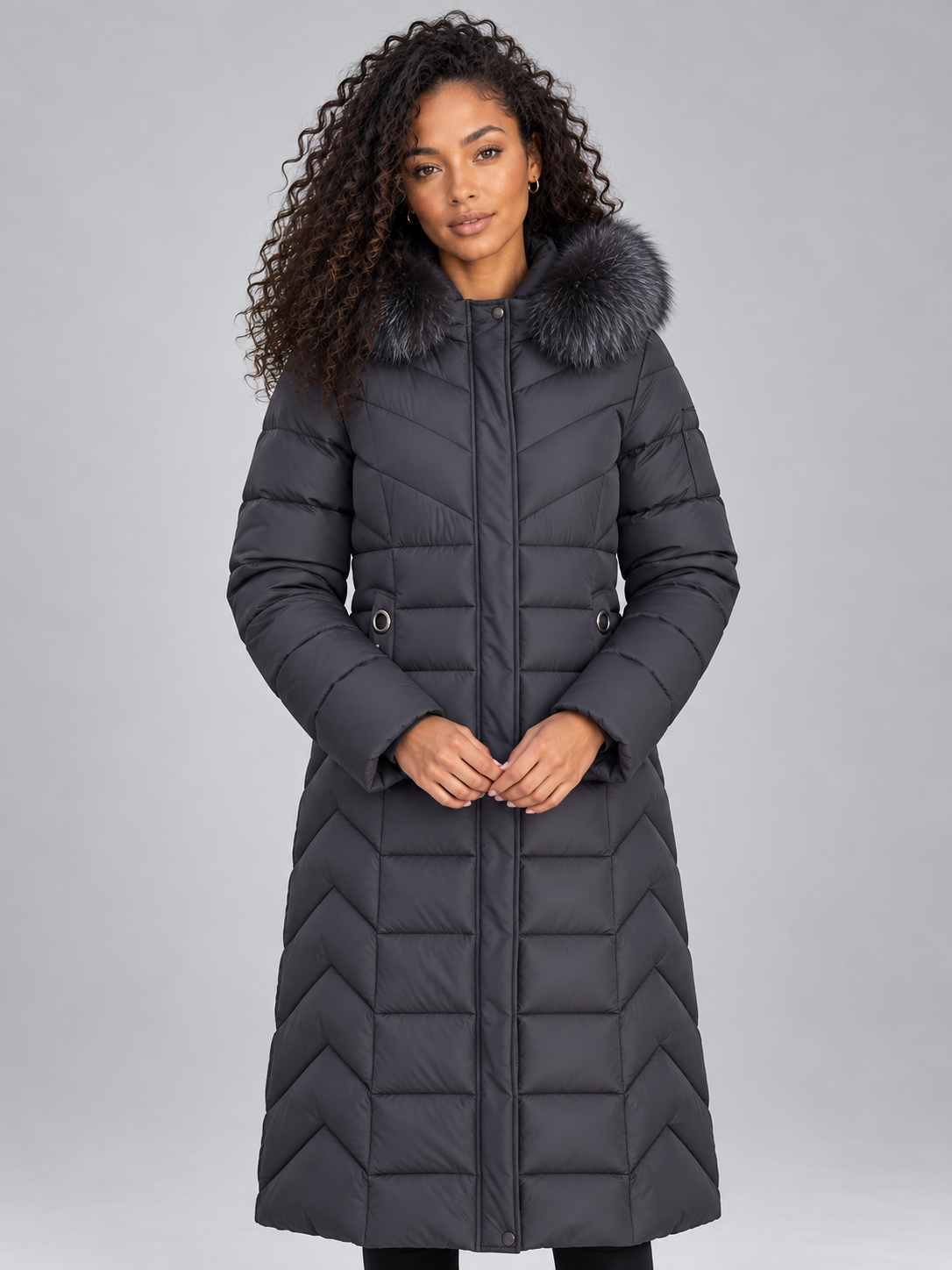 Women's Longline Puffer Coat - Chevron Quilted Faux Fur Hood