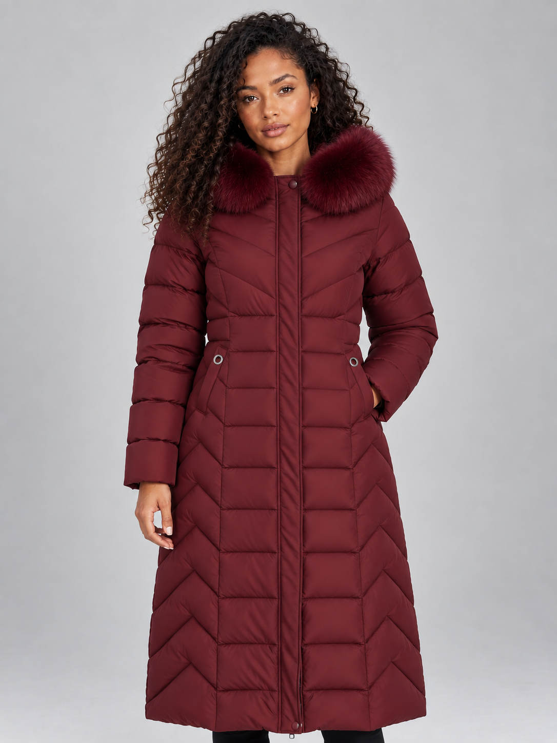 Women's Longline Puffer Coat - Chevron Quilted Faux Fur Hood